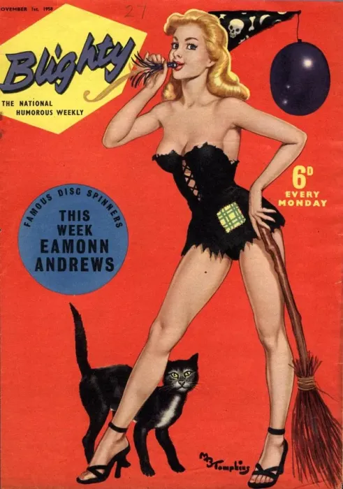 Framed Print : Blighty 1958 1950s UK glamour pin-ups models halloween witches brooms black cats Framed Print : Blighty 1958 1950s UK glamour pin-ups models halloween witches brooms black cats