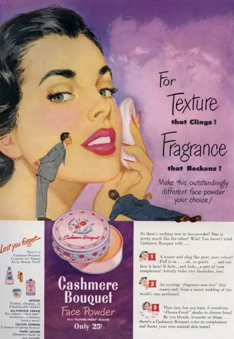 Framed Print : Cashmere Bouquet 1950 1950s USA makeup make-up face powder puffs applying Framed Print : Cashmere Bouquet 1950 1950s USA makeup make-up face powder puffs applying