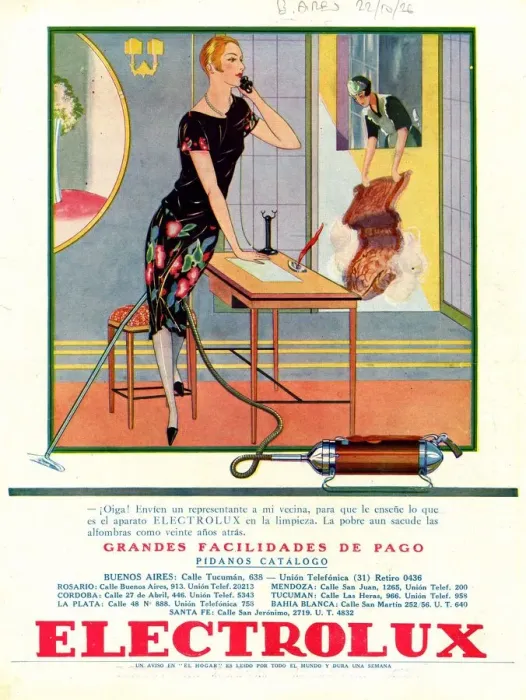 Framed Print : Electrolux 1920s Spain cc vacuum cleaners hoovers maids servants chatting talking
