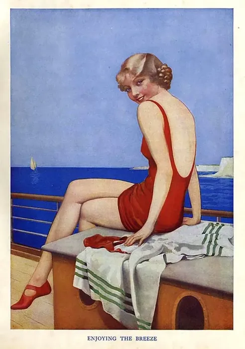 Framed Print : Enjoying The Breeze 1950s UK mcitnt story illustrations womens swimming costumes Framed Print : Enjoying The Breeze 1950s UK mcitnt story illustrations womens swimming costumes