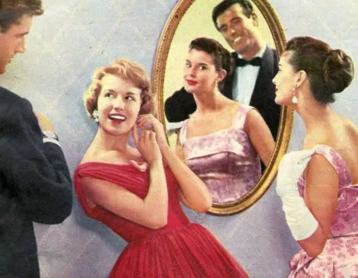 Framed Print : Getting Ready to Go out 1958 1950s UK illustrations mens womens dresses evening