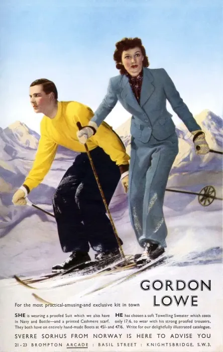 Framed Print : Gordon Lowe 1930s UK mens womens skiing suits humour couples Framed Print : Gordon Lowe 1930s UK mens womens skiing suits humour couples