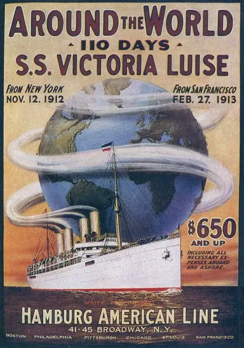 Framed Print : Hamburg American Line 1912 1910s USA boats cruises around the world ships liners