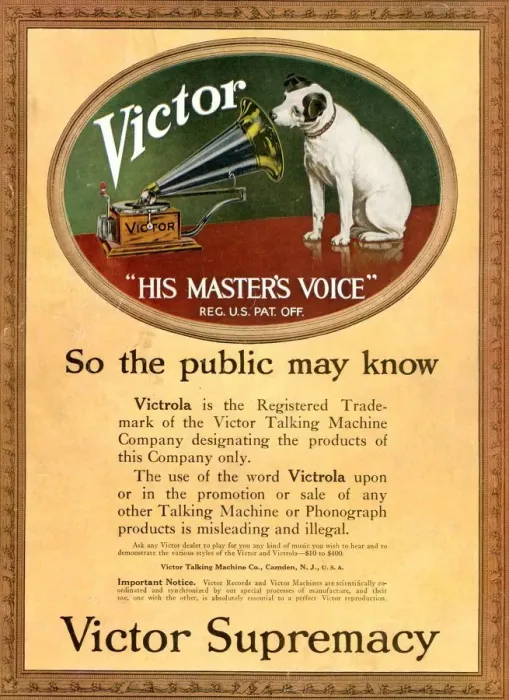 Framed Print : HMV Victor 1920s UK cc nipper dogs logos his masters voice masters