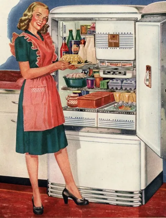 Framed Print : Hotpoint 1940s USA kitchens fridges housewife housewives cooking woman women in kitchen