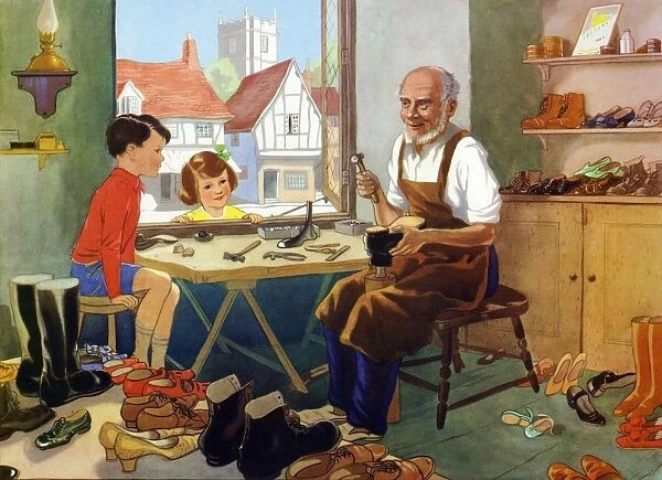 Infant School Illustrations 1950s UK cobblers shoes repairing repairs mending shoemakers