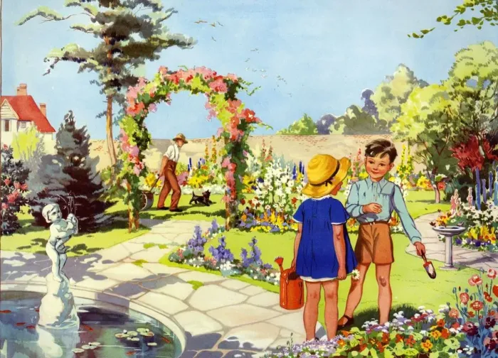 Framed Print : Infant School Illustrations 1950s UK gardens Enid Blyton