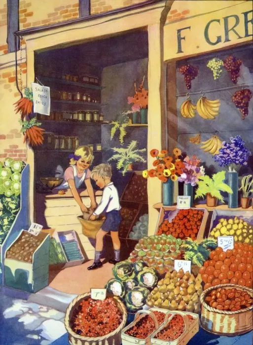 Framed Print : Infant School Illustrations 1950s UK grocers greengrocers fruit vegetables Enid Blyton Framed Print : Infant School Illustrations 1950s UK grocers greengrocers fruit vegetables Enid Blyton