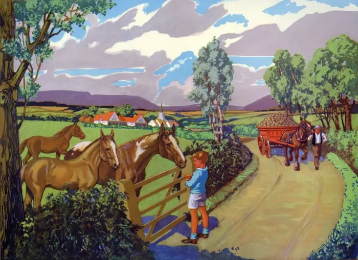 Framed Print : Infant School Illustrations 1950s UK horses carts Enid Blyton Framed Print : Infant School Illustrations 1950s UK horses carts Enid Blyton