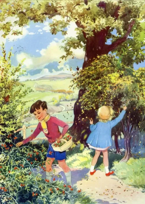 Framed Print : Infant School Illustrations 1950s UK picking berries fruit Enid Blyton gardens Framed Print : Infant School Illustrations 1950s UK picking berries fruit Enid Blyton gardens