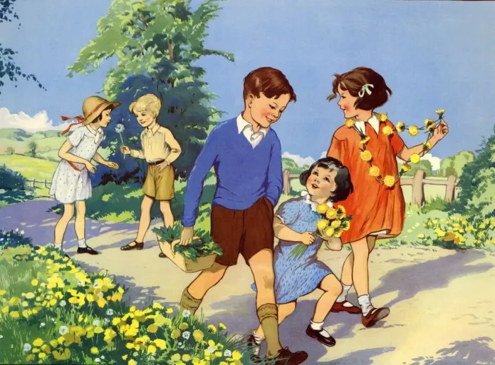 Framed Print : Infant School Illustrations 1950s UK picking flowers Enid Blyton