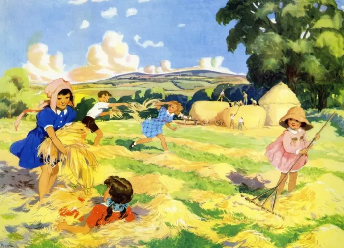 Framed Print : Infant School Illustrations 1950s UK playing harvesting harvesters making hay farming Framed Print : Infant School Illustrations 1950s UK playing harvesting harvesters making hay farming
