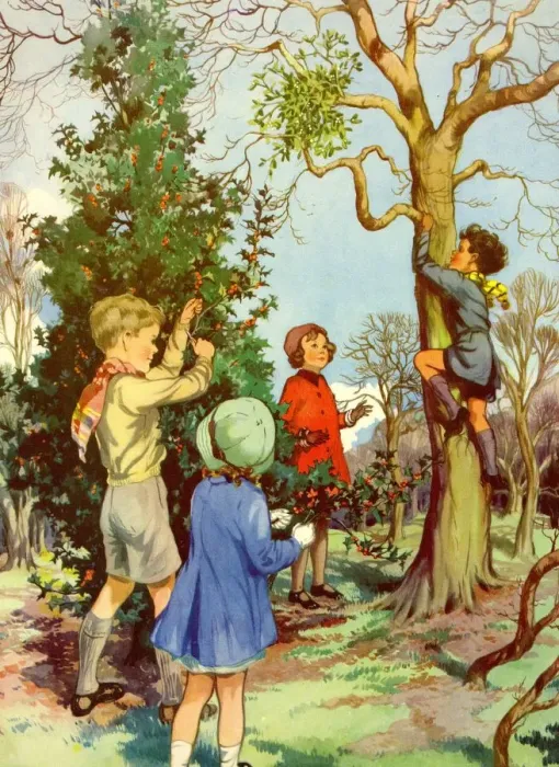 Framed Print : Infant School Illustrations 1950s UK playing picking berries climbing trees Enid Blyton