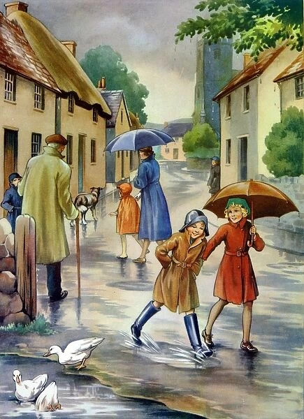 Infant School Illustrations 1950s UK raining umbrellas Enid Blyton winter weather