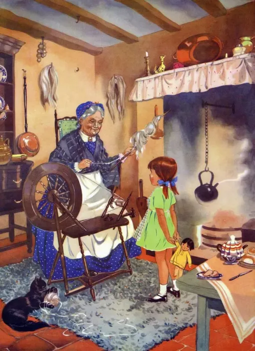 Framed Print : Infant School Illustrations 1950s UK spinning wheels grandmothers cats wool Enid