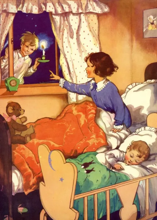 Framed Print : Infant School Illustrations 1950s UK Wee Willie Winkie sleeping bedtime nursery rhymes