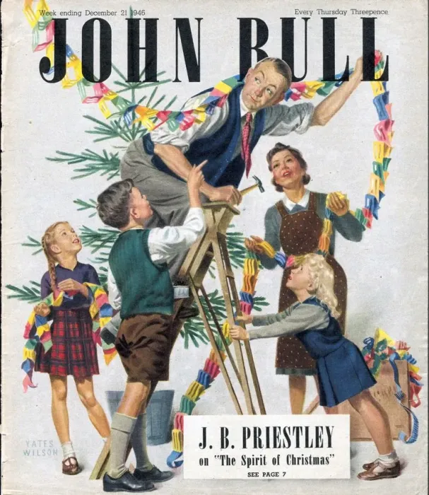 Framed Print : John Bull 1946 1940s UK decorations trees paper chains magazines