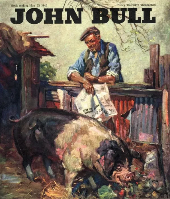 Framed Print : John Bull 1946 1940s UK pigs farms farmers magazines