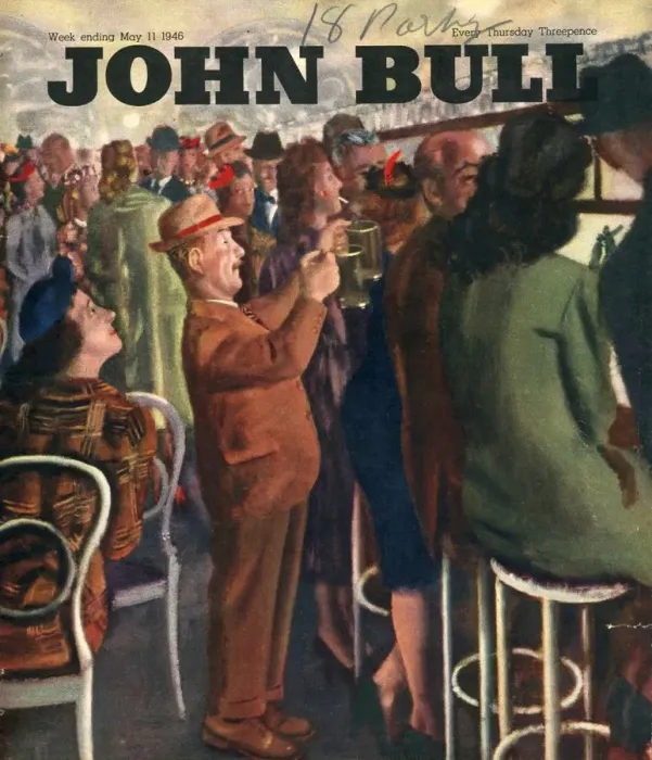 Framed Print : John Bull 1946 1940s UK pubs bars alcoholic short men queues magazines