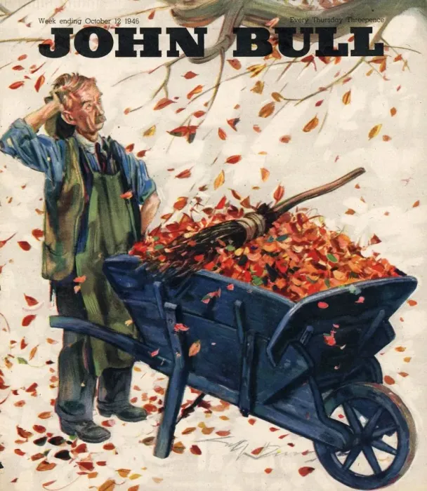 Framed Print : John Bull 1946 1940s UK seasons Autumn leaves wheelbarrows magazines