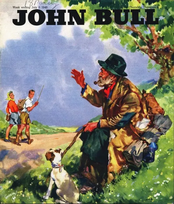 Framed Print : John Bull 1946 1940s UK tramps countryside magazines