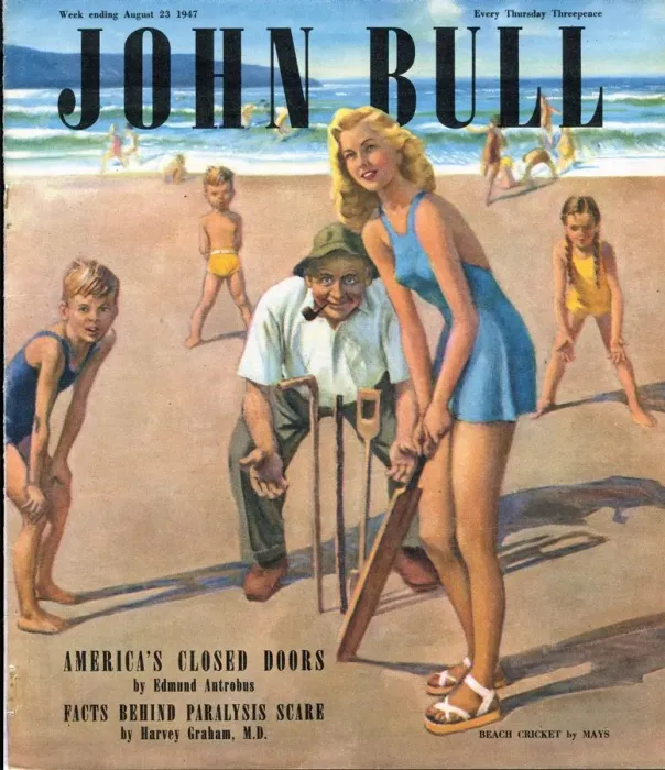 Framed Print : John Bull 1947 1940s UK holidays beaches seaside sea sand cricket bats fielders games