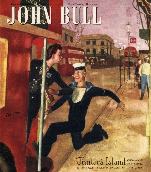 Framed Print : John Bull 1947 ? 1940s UK nautical the last bus home sailors magazines