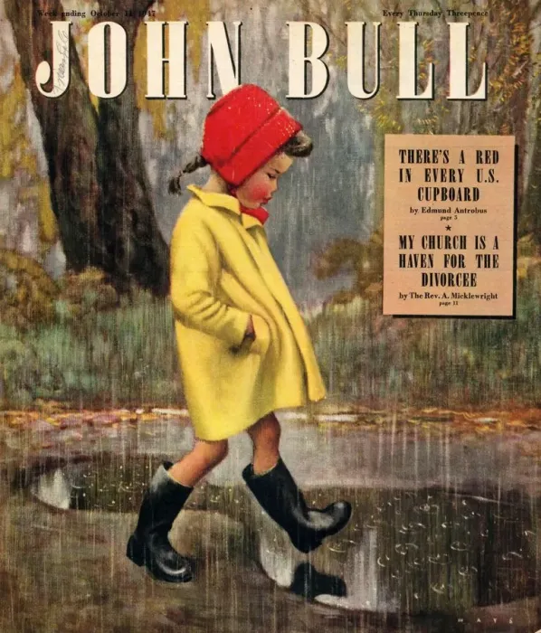 Framed Print : John Bull 1947 1940s UK raining stepping in puddles seasons winter magazines Framed Print : John Bull 1947 1940s UK raining stepping in puddles seasons winter magazines