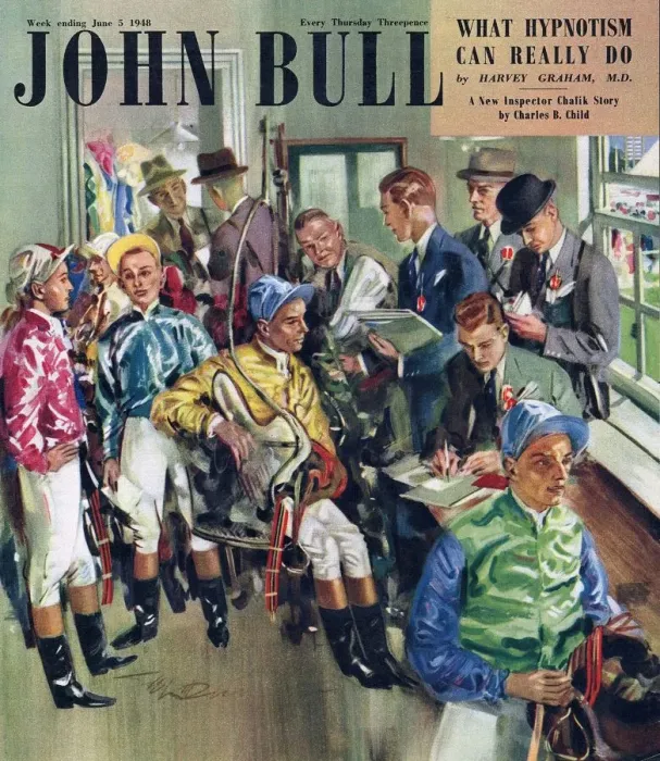 Framed Print : John Bull 1947 1940s UK riding horses horse racing magazines