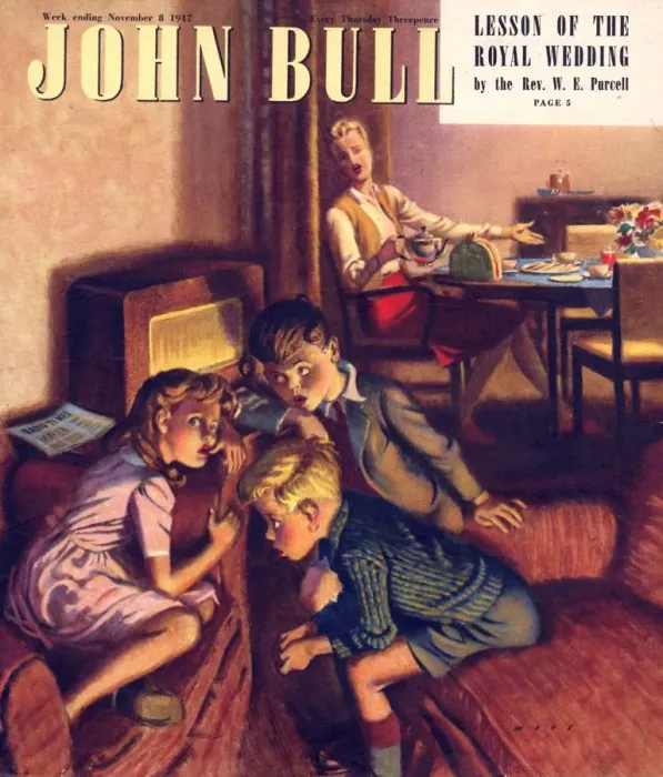 Framed Print : John Bull 1947 1940s UK teatime tea time listening to the radios mothers magazines family Framed Print : John Bull 1947 1940s UK teatime tea time listening to the radios mothers magazines family