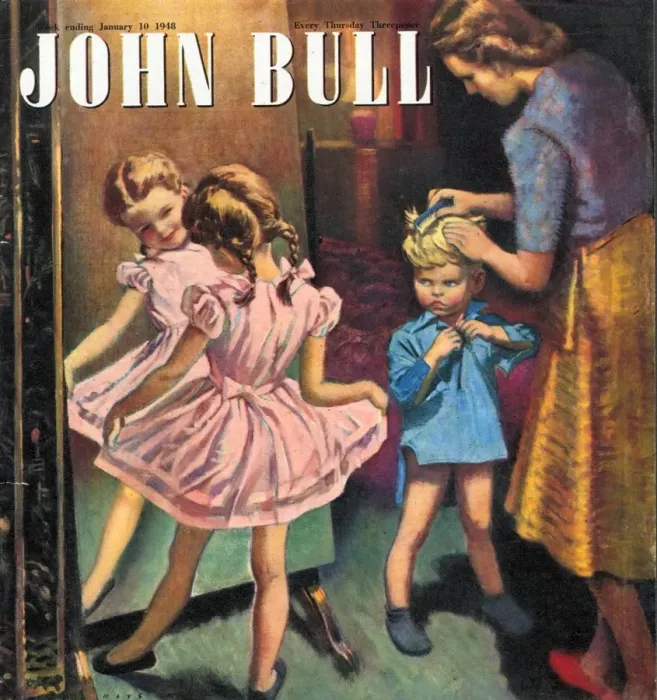 Framed Print : John Bull 1948 1940s UK dressing up combing hair magazines Framed Print : John Bull 1948 1940s UK dressing up combing hair magazines