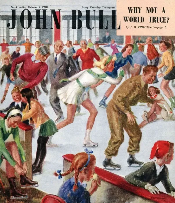 Framed Print : John Bull 1948 1940s UK snow ice skating winter seasons magazines