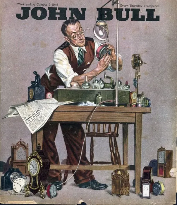 Framed Print : John Bull 1948 1940s UK watch clock repairing menders man clocks magazines repairs Framed Print : John Bull 1948 1940s UK watch clock repairing menders man clocks magazines repairs
