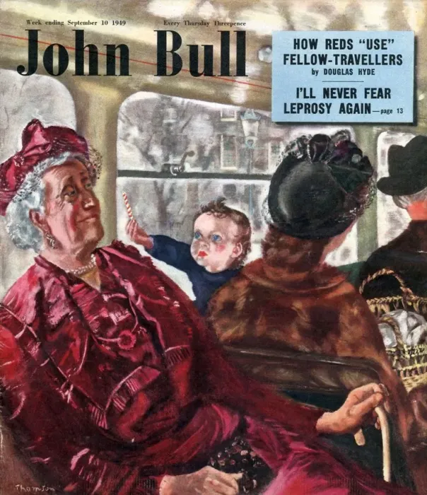 Framed Print : John Bull 1949 1940s UK buses public transport passengers babies magazines baby