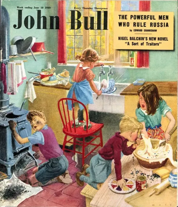 Framed Print : John Bull 1949 1940s UK kitchens disasters cooking siblings magazines Framed Print : John Bull 1949 1940s UK kitchens disasters cooking siblings magazines