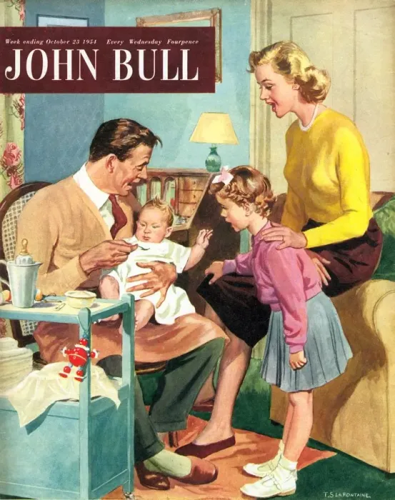Framed Print : John Bull 1950s UK babies babysitters sitters magazines baby sitting babysitting family
