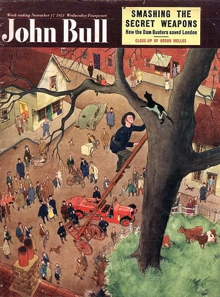 John Bull 1950s UK cats fireman firemen ladders danger heroes magazines pets