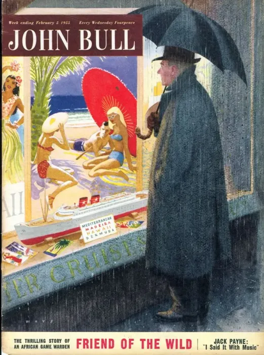 Framed Print : John Bull 1950s UK holidays seasons travel agents raining umbrellas magazines Framed Print : John Bull 1950s UK holidays seasons travel agents raining umbrellas magazines