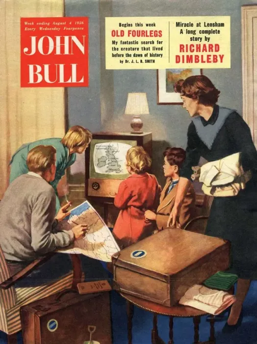 Framed Print : John Bull 1950s UK holidays weather forecast watching magazines televisions children