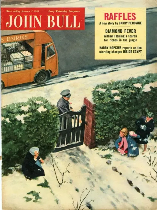 Framed Print : John Bull 1950s UK milkman snow snowballs disasters naughty milkmen winter magazines Framed Print : John Bull 1950s UK milkman snow snowballs disasters naughty milkmen winter magazines