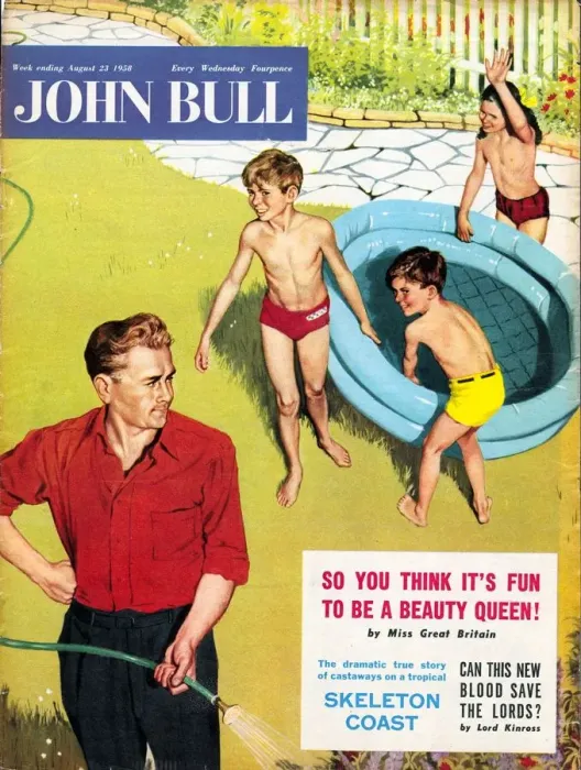 Framed Print : John Bull 1950s UK paddling pools hoses fathers playing water games magazines Framed Print : John Bull 1950s UK paddling pools hoses fathers playing water games magazines