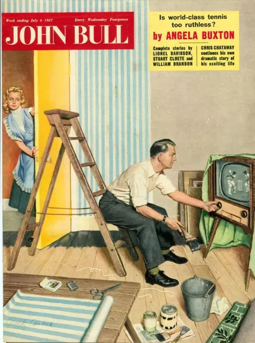 Framed Print : John Bull 1950s UK people watching televisions diy decorating wallpapers hanging Framed Print : John Bull 1950s UK people watching televisions diy decorating wallpapers hanging