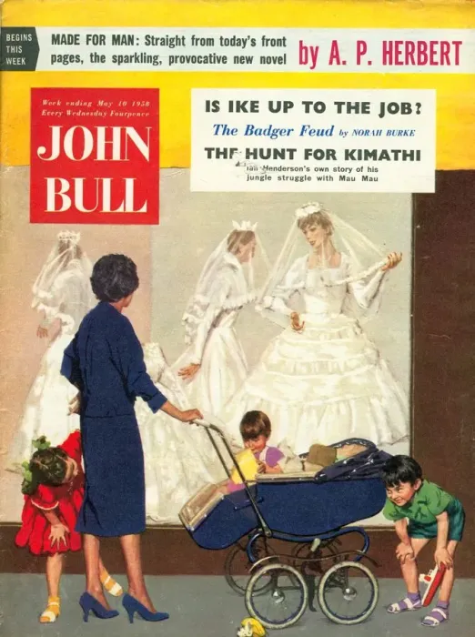 Framed Print : John Bull 1950s UK prams window shopping wedding dresses shopping magazines weddings