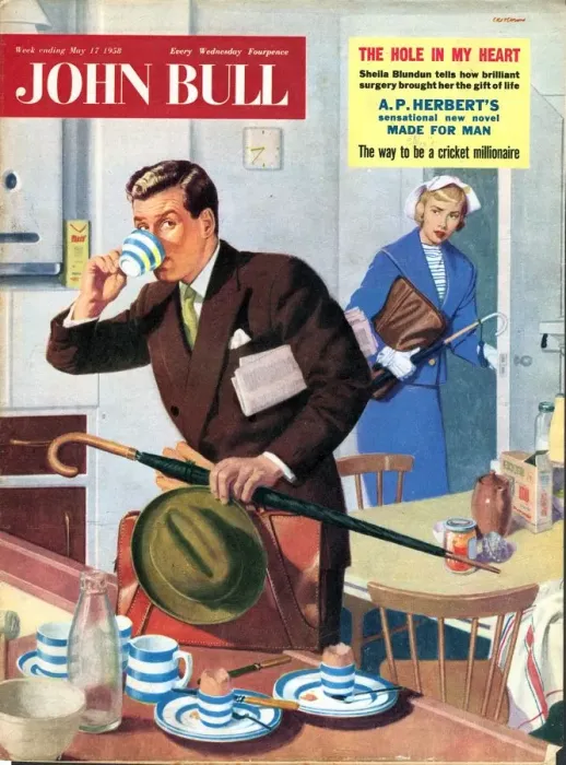 Framed Print : John Bull 1950s UK tea commuters breakfast magazines commuting to work family