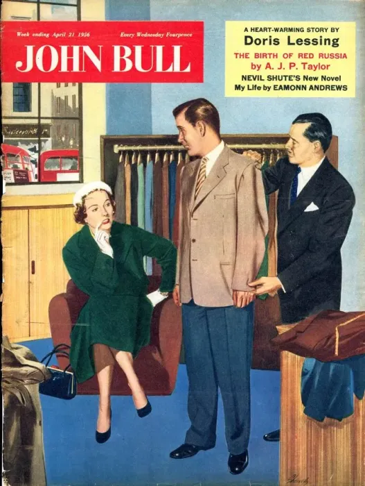 Framed Print : John Bull 1950s UK trying on fittings shopping magazines clothing clothes Framed Print : John Bull 1950s UK trying on fittings shopping magazines clothing clothes