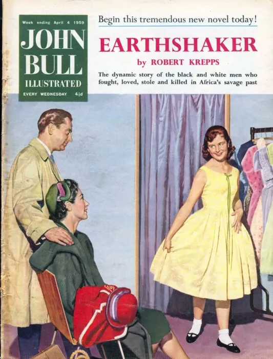 Framed Print : John Bull 1950s UK trying on womens magazines clothing clothes