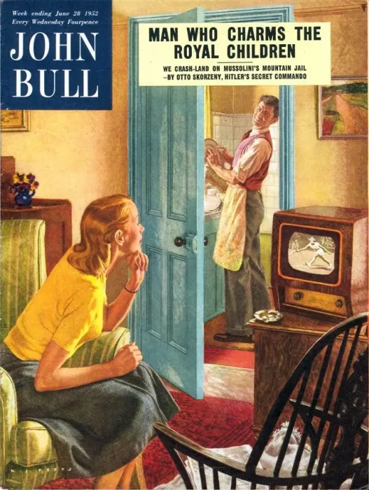 Framed Print : John Bull 1950s UK watching televisions washing the dishes washing-up up magazines Framed Print : John Bull 1950s UK watching televisions washing the dishes washing-up up magazines