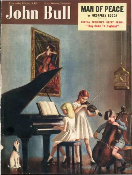 Framed Print : John Bull 1951 1950s UK magazines pianos instruments playing cellos violins dogs