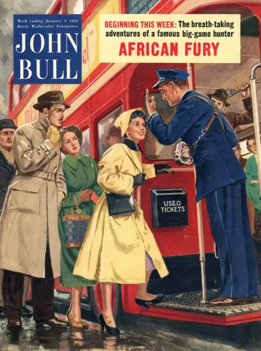 Framed Print : John Bull 1954 1950s UK buses bus conductors rush hour routemasters magazines
