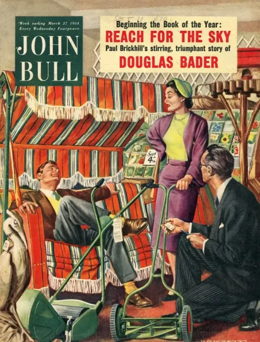 Framed Print : John Bull 1954 1950s UK couples shopping sun loungers magazines horticulture Framed Print : John Bull 1954 1950s UK couples shopping sun loungers magazines horticulture
